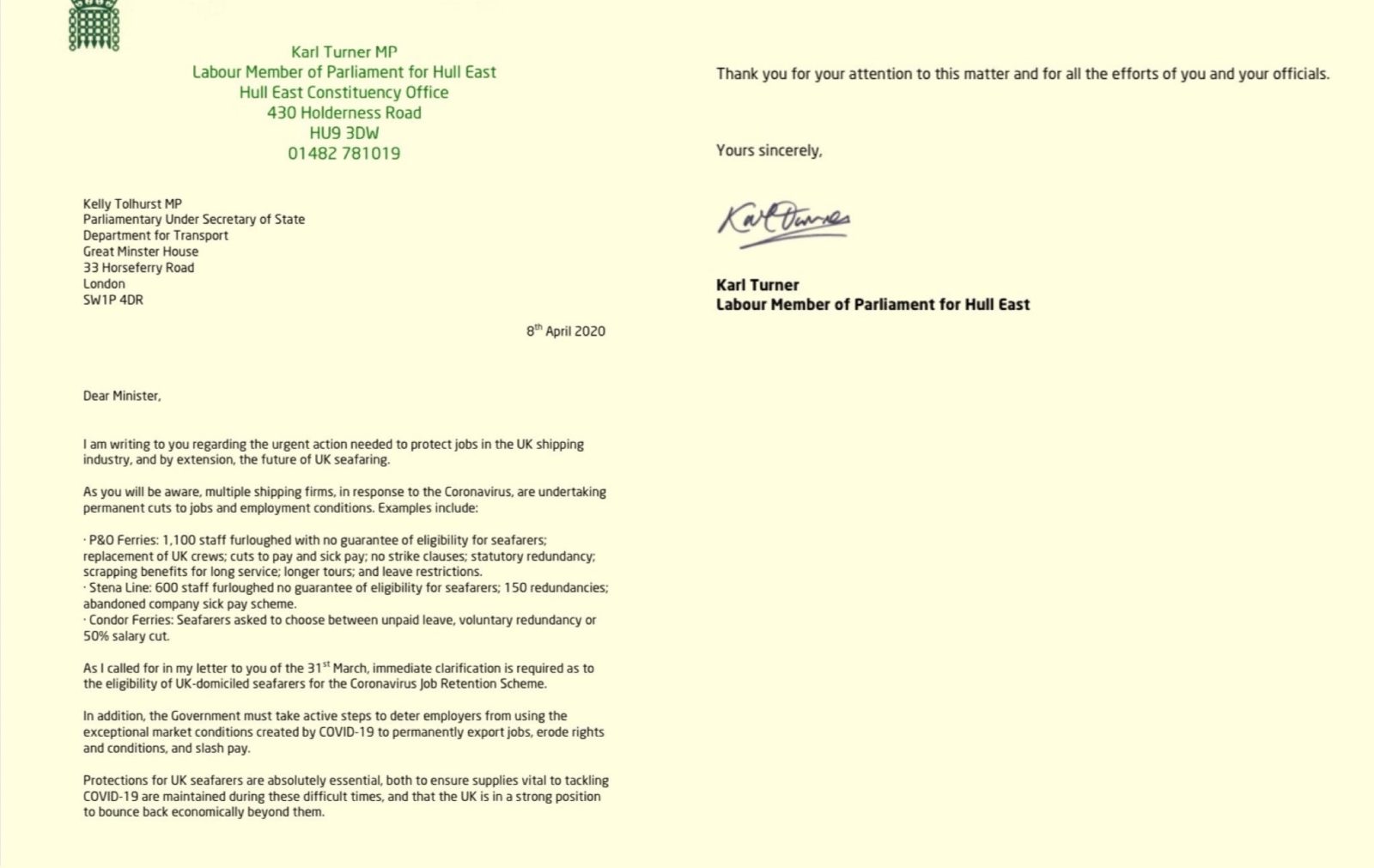 Letter to Shipping Minister Kelly Tolhurst