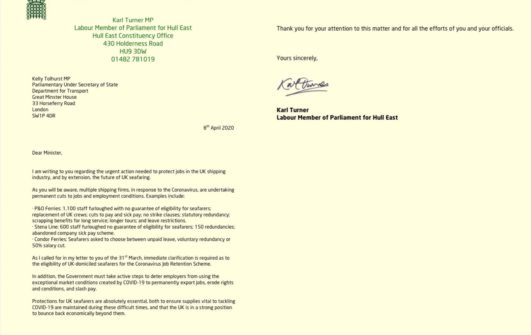 Letter to Shipping Minister Kelly Tolhurst
