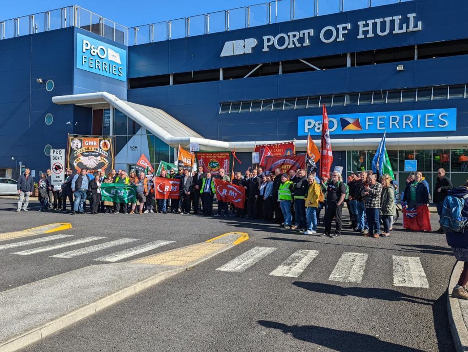 Crowd gathered outside P&O ferry terminal in Hull 